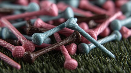 Realistic Close-Up of Colorful Flavored Golf Tees on Grass Surface