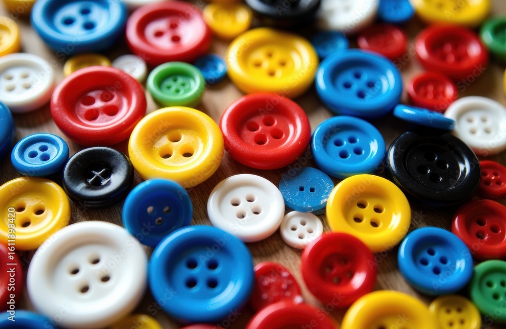 Poster colorful buttons scattered on wooden surface creating a vibrant and playful pattern