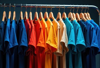 Fototapeta premium Colorful T-shirts hanging on a rack in a clothing store