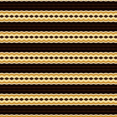 Tribal-inspired geometric pattern in black, brown, and gold stripes with a repeating motif. Ideal for textile or ethnic design themes.