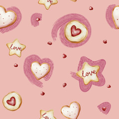 Seamless pattern with watercolor love and heart theme cookies for special days and events for wrappings and fabrics, isolated on lovely pink color background.