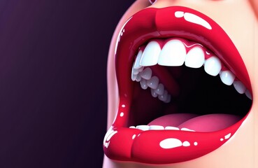 Naklejka premium A close-up of a woman's mouth with bright red lipstick and white teeth showing