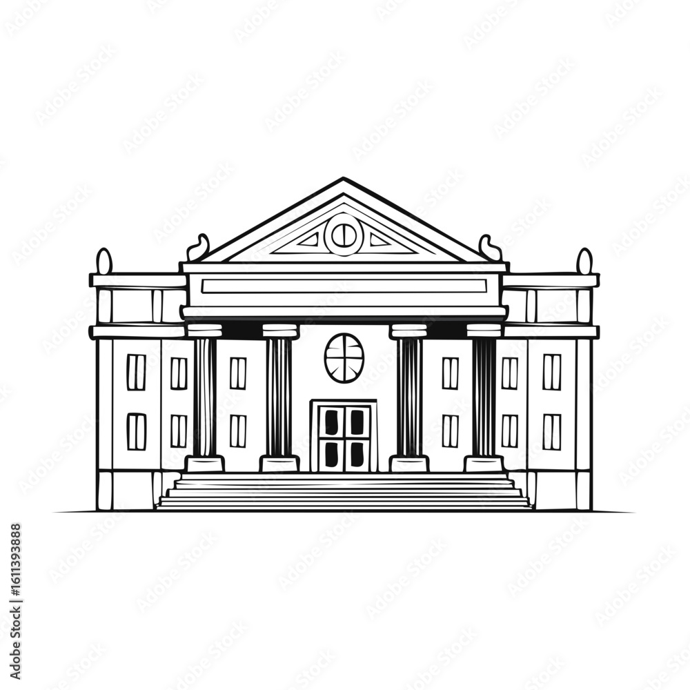 Poster linear illustration of a classical building with columns, windows, and a triangular roof.
