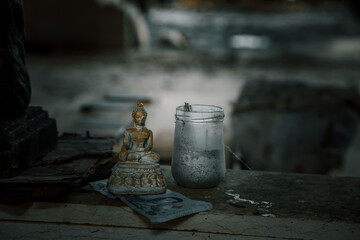  Old broken statue in abandoned hotel. Shabby statue. Scary abandoned hotel. Dirty item.