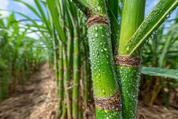 Obraz premium Lush Green Sugar Cane Stalks with Dew in Close-Up View
