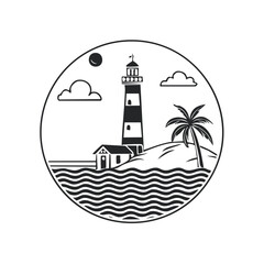 Lighthouse and palm tree on a coastal island with ocean waves, black and white logo design