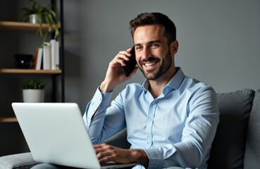 Smiling man talking on phone while working on laptop in modern office setting