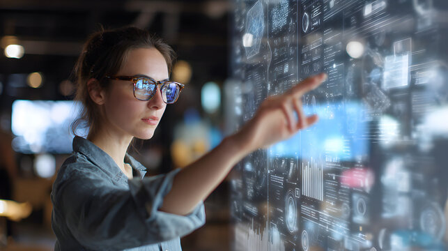 Woman interacting with a futuristic transparent display showing digital information and data analysis
