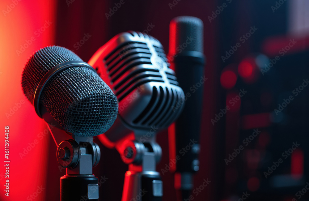 Poster microphones with professional studio setup in red and blue lighting creating a dynamic atmosphere