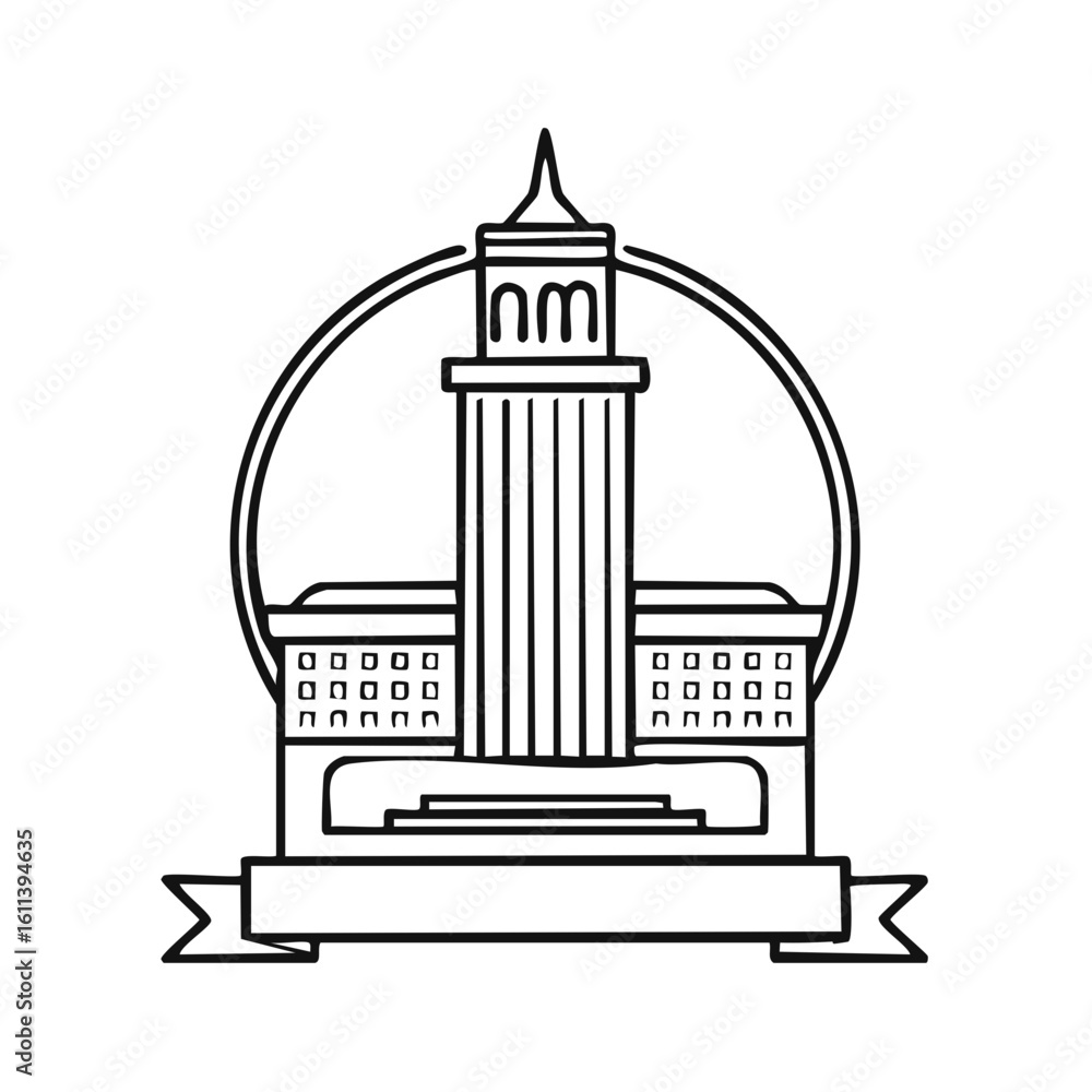 Poster linear illustration of a monument with classical columns and a banner below