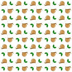 Cute Snail and Leaf Seamless Pattern. Cartoon Snail and Leaf Background