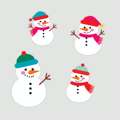 set of stickers of funny snowmen on a light background