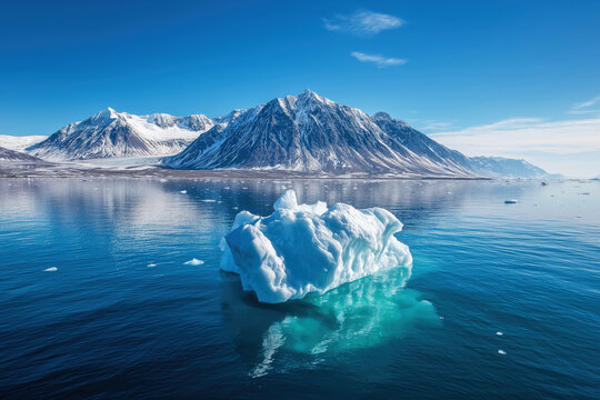 landscape with iceberg floating in the ocean off coast. Northern Arctic landscape with snow-capped mountains