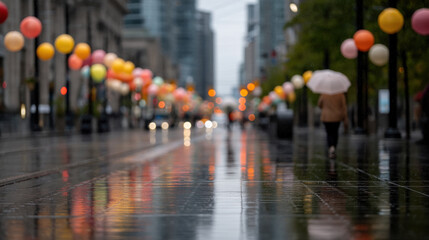 Fototapeta premium bustling rainsoaked street adorned with augmented reality park of colorful umbrellas