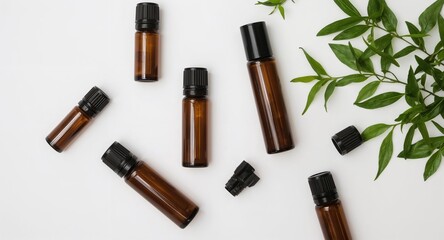 Obraz premium Essential oil rollers and tiny glass bottles on plain white background