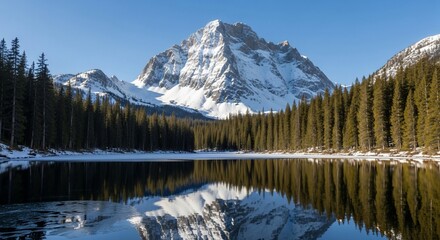 Majestic snow-covered mountain reflecting in a serene alpine lake surrounded by trees