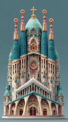 Colorful Gothic Cathedral Model with Turquoise Roofs and Ornate Details in Vertical Composition