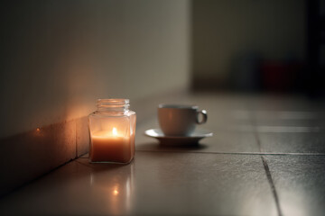 warm and inviting scene featuring glowing candle in glass jar placed gently on floor