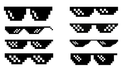 A vector set of pixelated black sunglasses in a retro 8-bit style, popular internet meme glasses for graphic design and funny digital content.