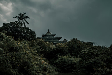 Old abandoned hotel in the jungle. Shabby walls. Beautiful abandoned hotel.