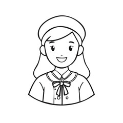 Fototapeta premium Smiling cartoon girl wearing a uniform with a bow and cap line art