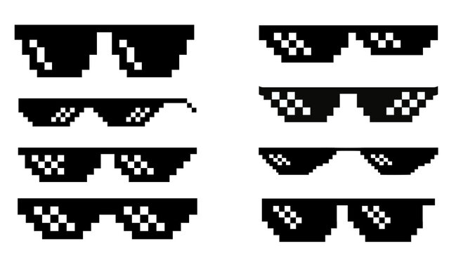 A vector set of pixelated black sunglasses in a retro 8-bit style, popular internet meme glasses for graphic design and funny digital content.