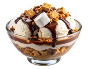  Classic S'mores Ice Cream Sundae with Chocolate Drizzle, Transparent Background PNG