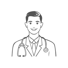Fototapeta premium Smiling male doctor wearing a lab coat and stethoscope, outline illustration