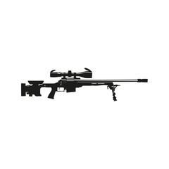 Naklejka premium Sniper Rifle Silhouette With Scope And Bipod. Precision Shooting Equipment Isolated Vector Illustration