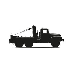 Silhouette Of A Tow Truck. Heavy-Duty Vehicle For Towing And Recovery. Isolated Vector Illustration