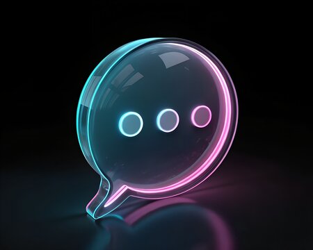 A glowing neon chat bubble icon with three dots, representing communication