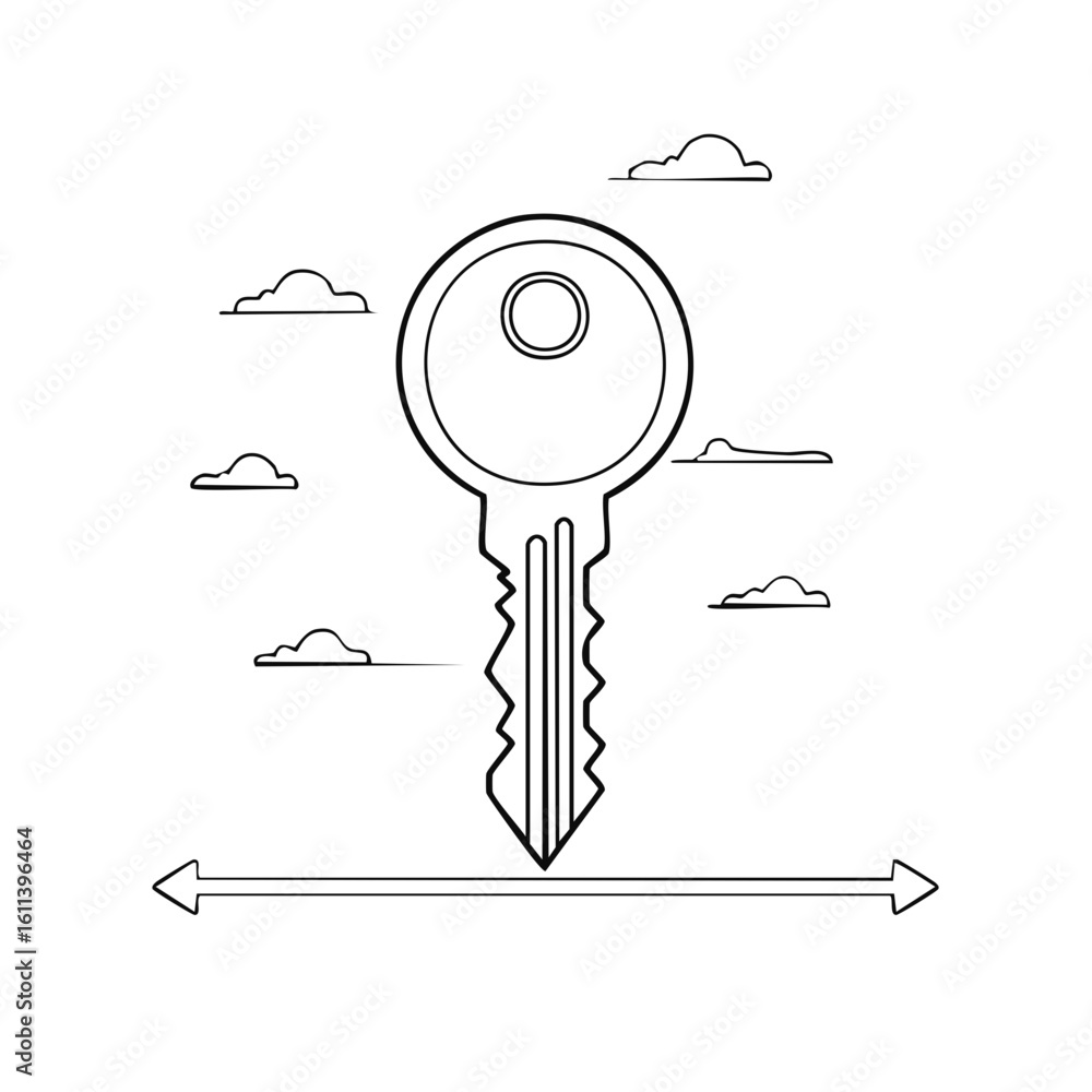 Poster conceptual line art of a key descending towards a directional arrow path symbolizing a solution