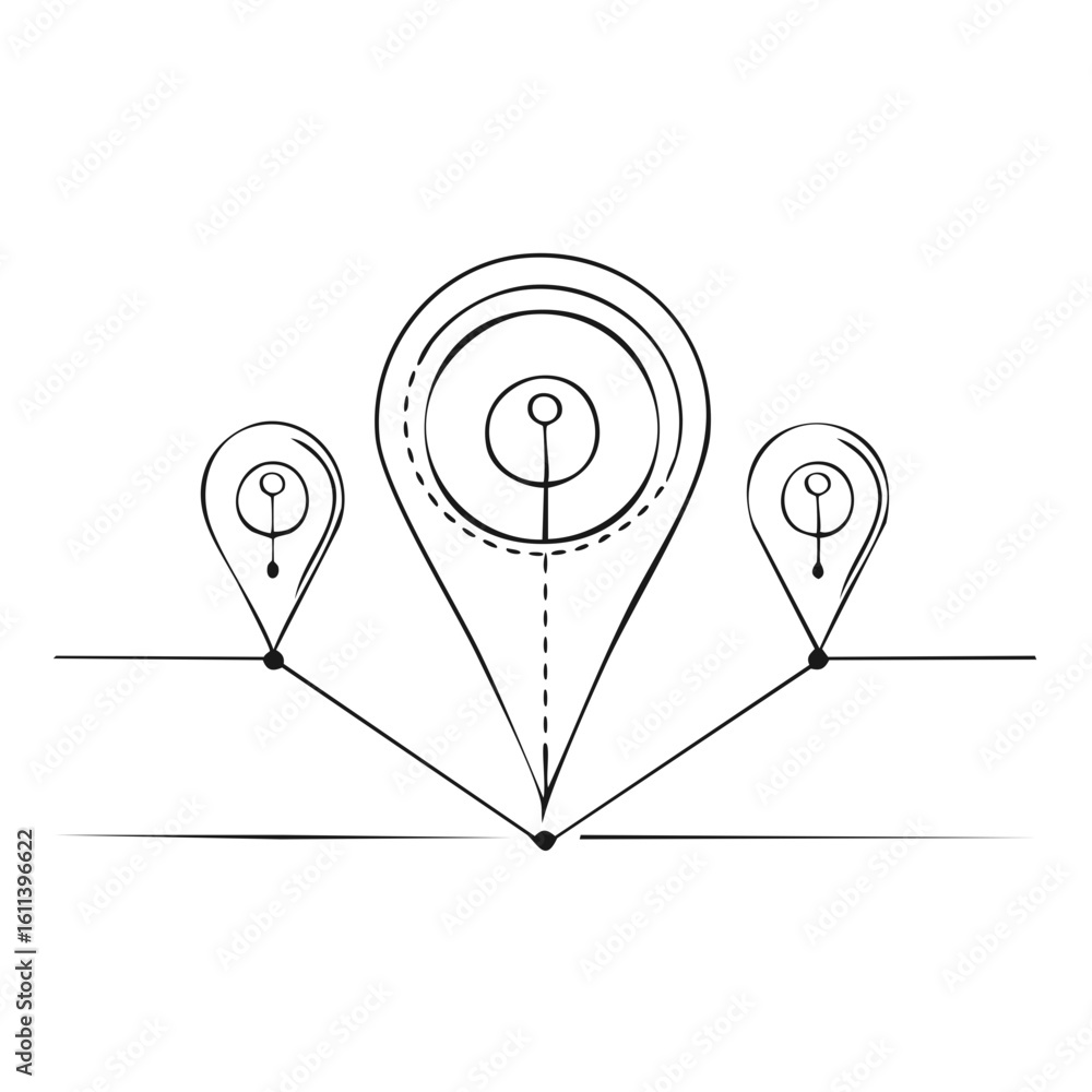 Poster set of three abstract location pin icons connected on a minimalist map route.