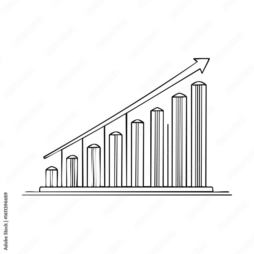 Poster hand drawn sketch of a rising bar graph with an upward arrow showing progress and success