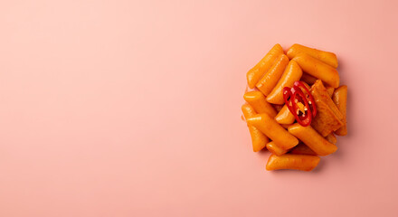 Korean Tteokbokki with Red Chili Garnish on Soft Pink Background