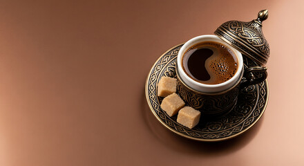 Ornate Coffee Cup with Sugar Cubes on Gradient Brown Background