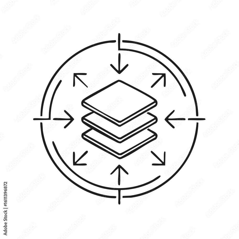 Poster layers focus graphic symbol stacked flat elements with arrows around