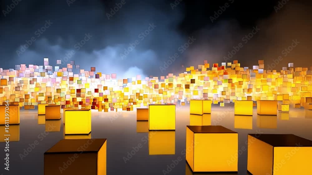 Poster colorful glowing cubes create abstract background of yellow and orange energy, evoking creativity an