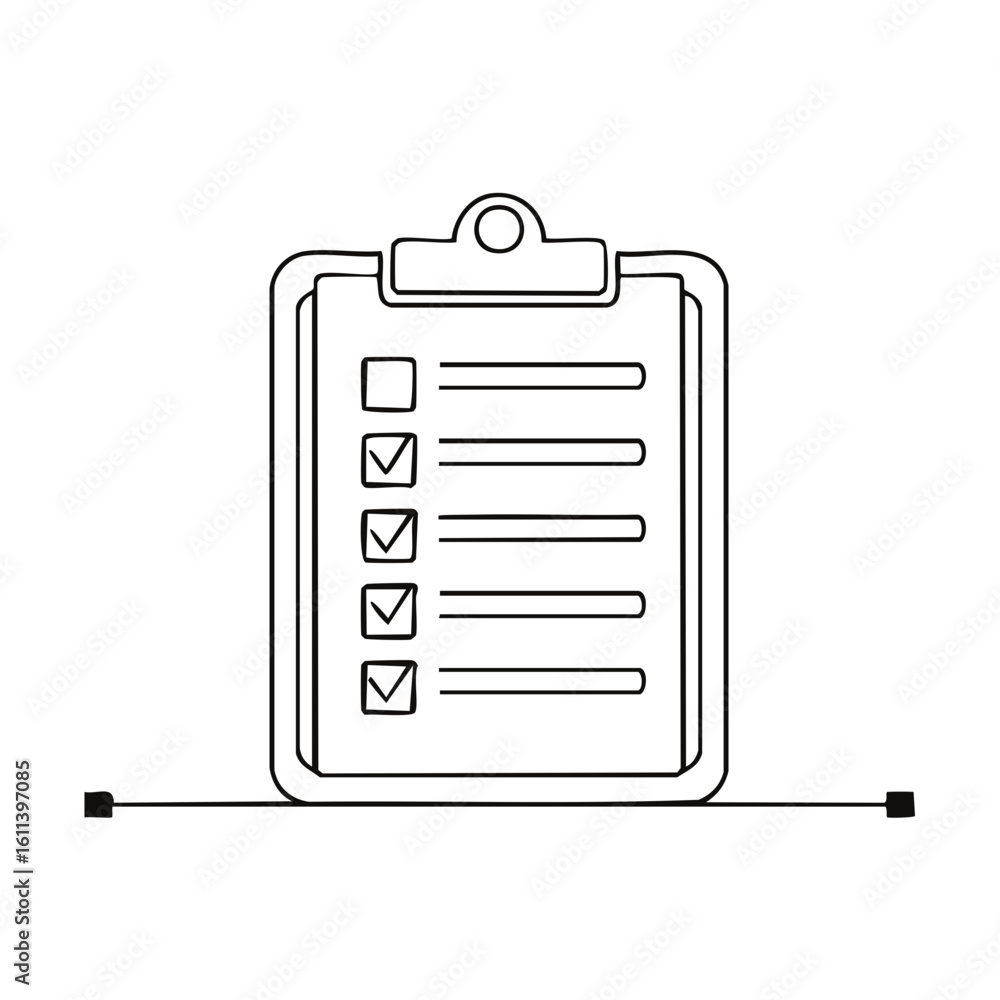 Poster simple line art of a clipboard with a checklist, showing tasks completed and one task pending