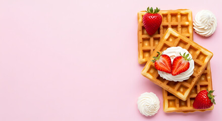 Whipped Cream-Topped Waffles with Strawberries on Pink Background