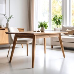 Light-filled dining room with wooden table