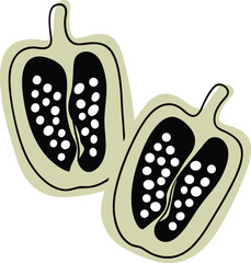 Two halves of a stylized black pepper pod spice seasoning