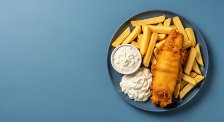 Classic Fish and Chips with Sauces on Dark Plate over Blue Background