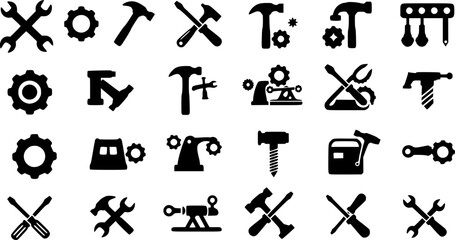 Tools and Service icons set. Containing wrench, hummer, screwdriver, maintenance, installation, technical. setting symbol, repair, service sign, Vector illustration