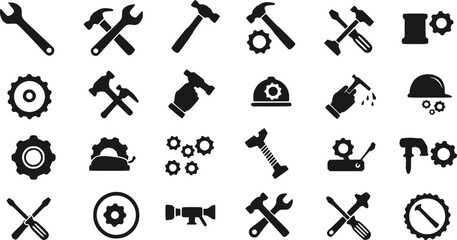 Fototapeta premium Tools and Service icons set. Containing wrench, hummer, screwdriver, maintenance, installation, technical. setting symbol, repair, service sign, Vector illustration