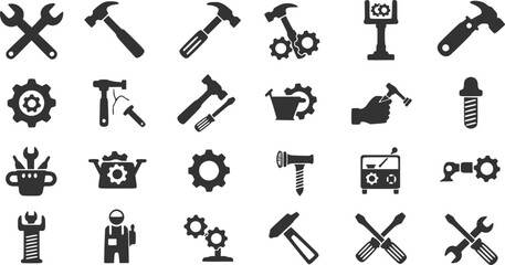 Tools and Service icons set. Containing wrench, hummer, screwdriver, maintenance, installation, technical. setting symbol, repair, service sign, Vector illustration