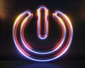 A glowing neon power button symbol radiates energy in the darkness