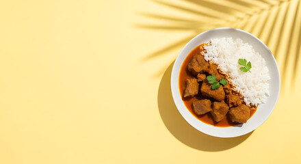 Vibrant Plate of Rice and Curry on Sunny Yellow Background with Tropical Shadow