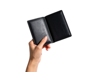 Close-up of hand gripping sleek black wallet, isolated on white background PNG (2)
