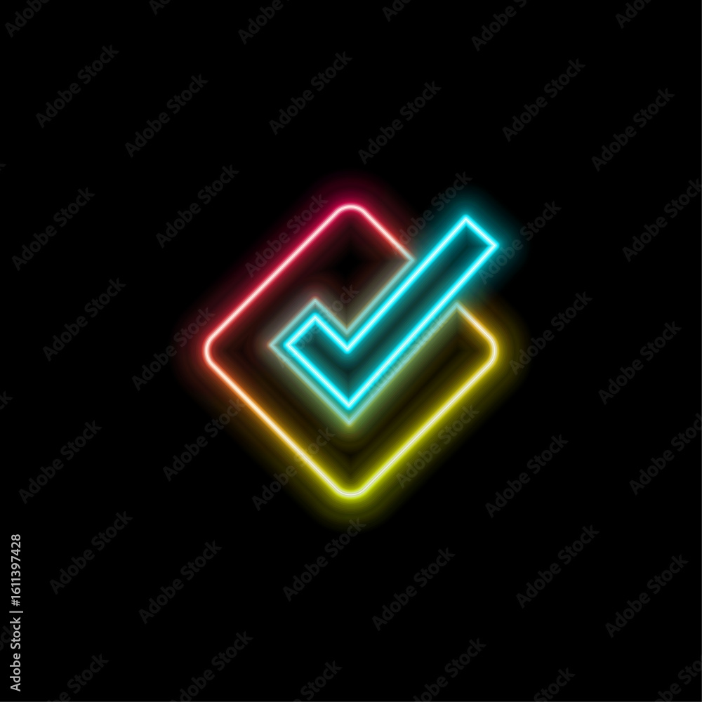 Poster -neon style. icon check mark correct square sign checked outline symbol right choice vote select sel